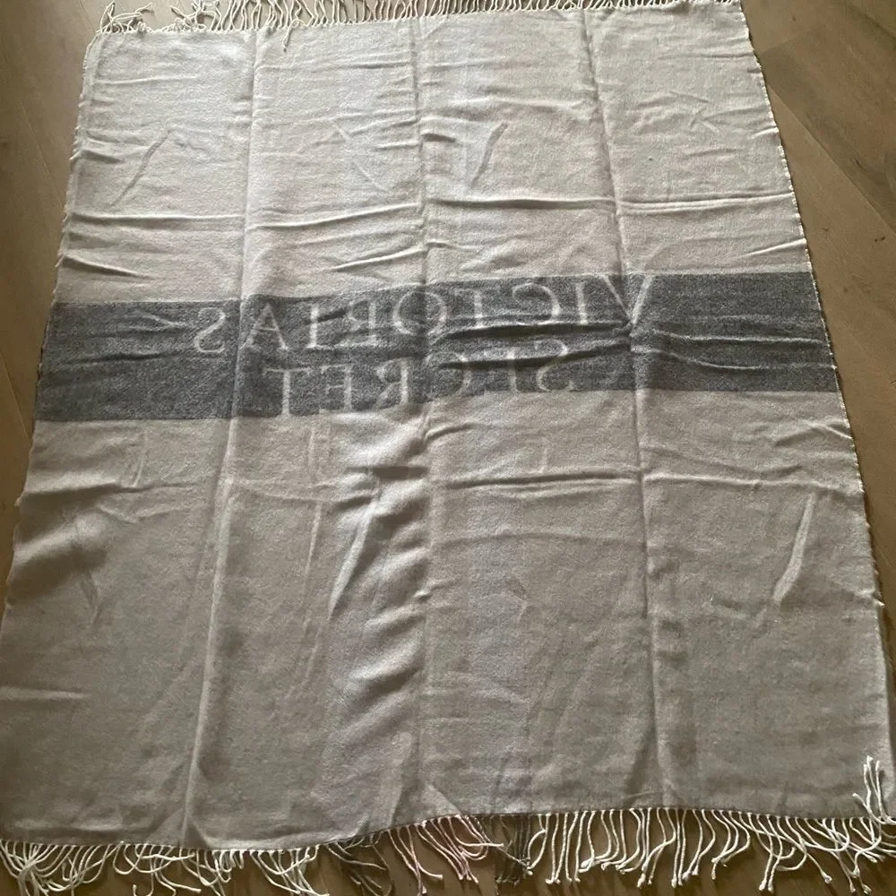 Victoria's Secret Cream Pink Gray Stripe Logo Fringe Blanket Throw 52 x 61